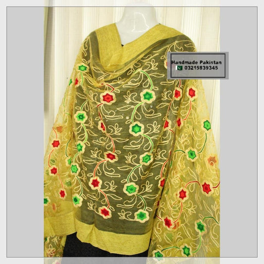Fancy Embroidered Dupattas on Organza yellow