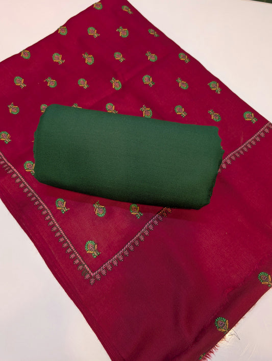 Pashmina 3 Piece Suit | Embroidered Shawl with Plain Suit Marina | Maroon Green