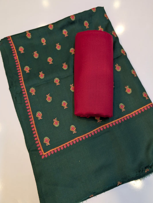 Pashmina 3 Piece Suit | Embroidered Shawl with Plain Suit Marina | Green Maroon