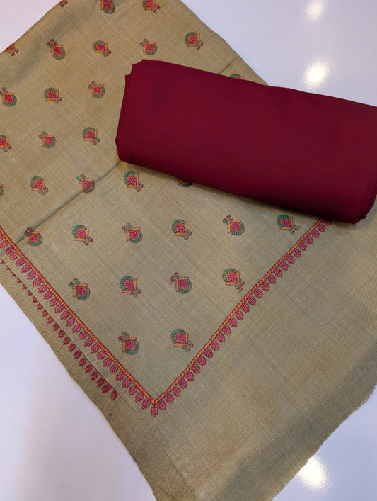 Pashmina 3 Piece Suit | Embroidered Shawl with Plain Suit Marina | Skin Maroon