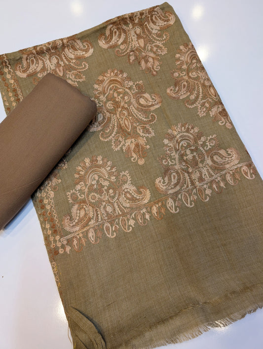 Pashmina 3 Piece Suit | Embroidered Shawl with Plain Suit Marina | Skin Brown