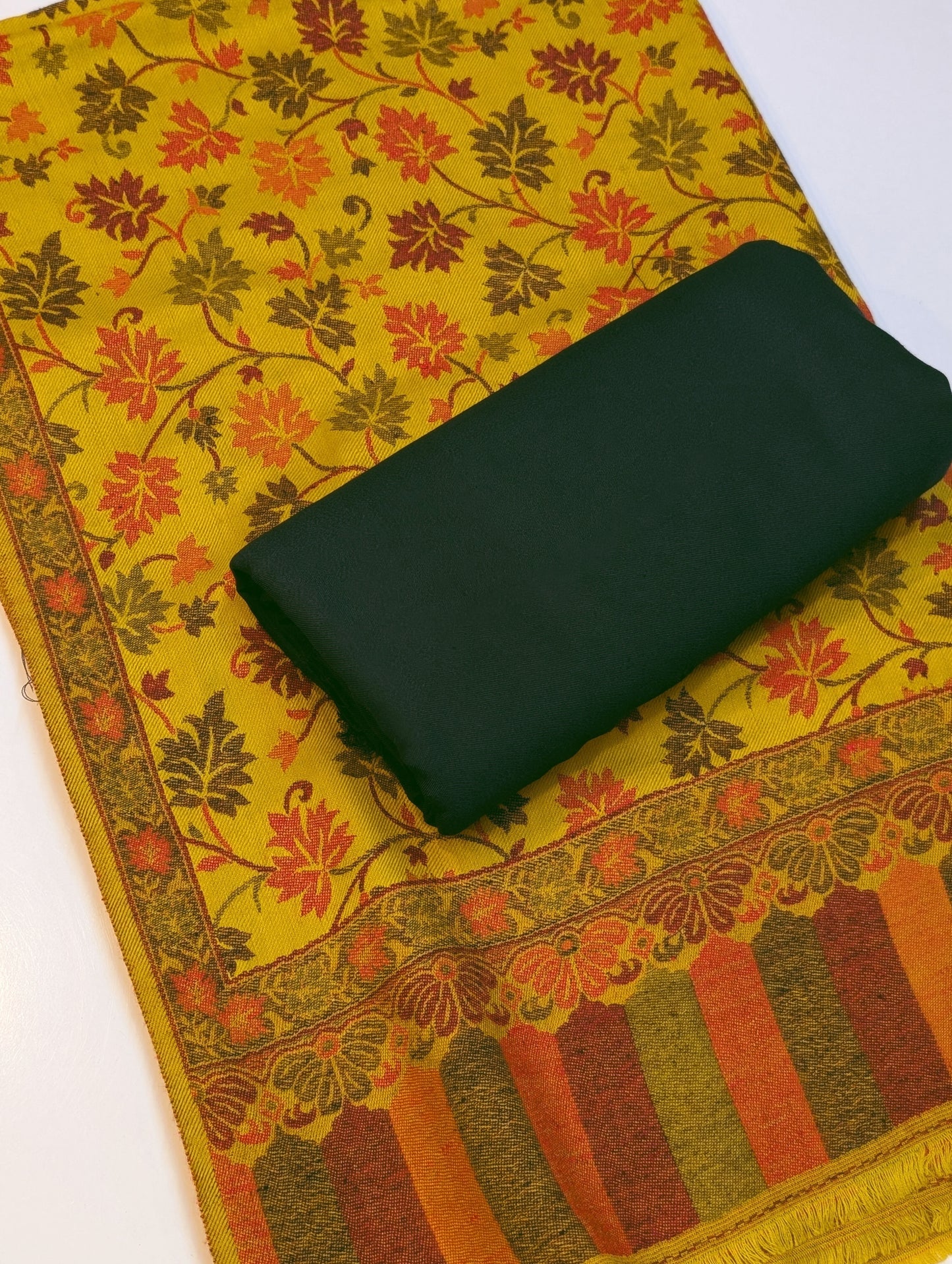 Pashmina 3 Piece Suit | Kani Pashmina Shawl With Green Marina Suit