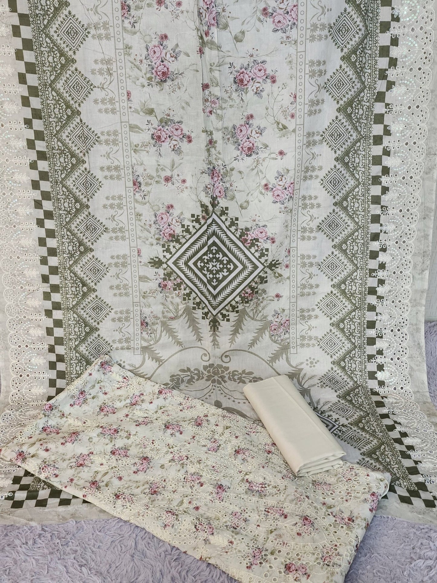 3 Piece Chikankari Suit With Pure Lawn Print Base Chikan Bore | Light Pista