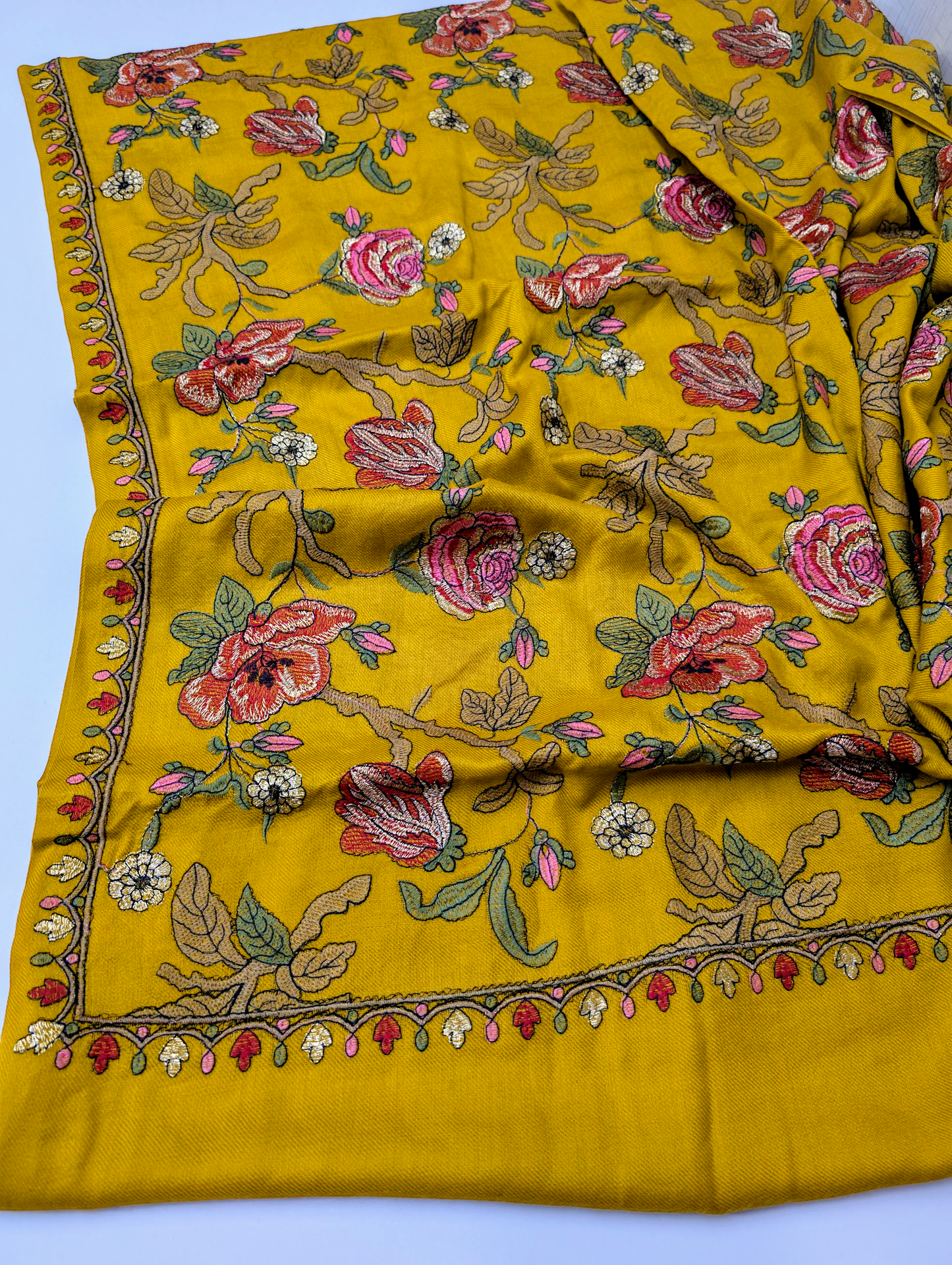 Gulabkar Pashmina Embroidered Shawl Fancy Tilla and Thread Work Perfect Gift | Mustard