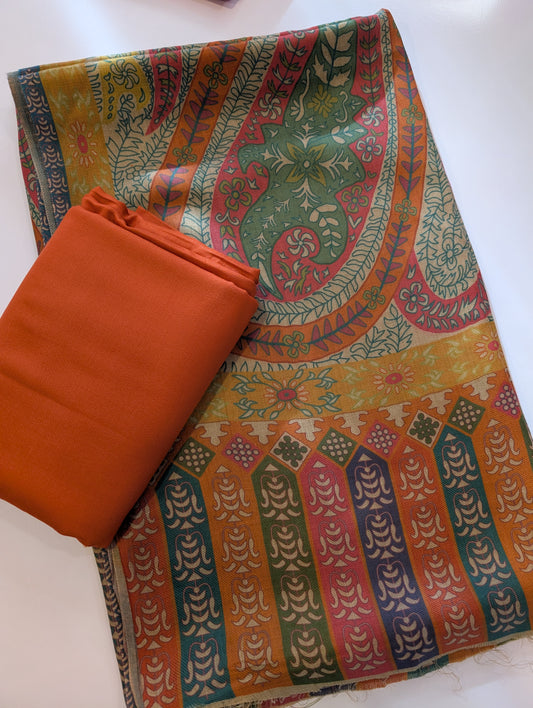 Pashmina 3 Piece Suit | Printed Pashmina Shawl with Marina Plain Suit Perfect Winter Suit