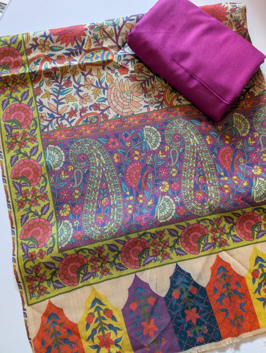 Pashmina 3 Piece Suit | Printed Pashmina Shawl with Marina Plain Suit Perfect Winter Suit