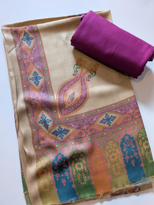 Pashmina 3 Piece Suit | Printed Pashmina Shawl with Marina Plain Suit Perfect Winter Suit