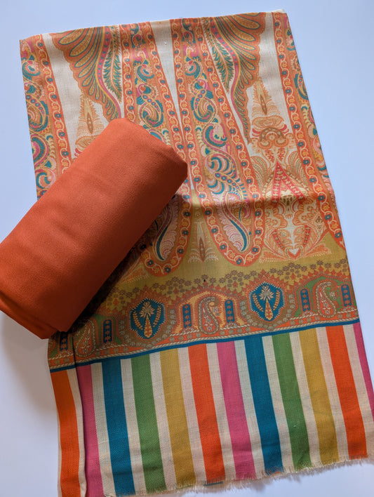 Pashmina 3 Piece Suit | Printed Pashmina Shawl with Marina Plain Suit Perfect Winter Suit