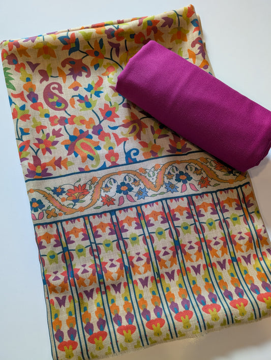 Pashmina 3 Piece Suit | Printed Pashmina Shawl with Marina Plain Suit Perfect Winter Suit