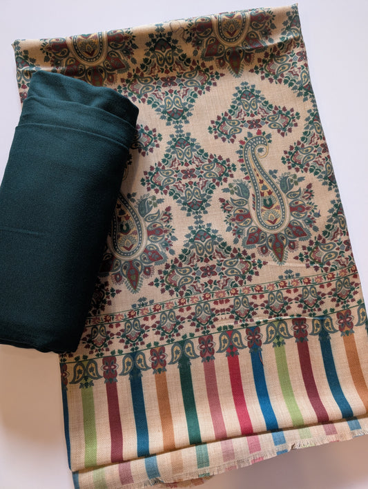 Pashmina 3 Piece Suit | Printed Pashmina Shawl with Marina Plain Suit Perfect Winter Suit