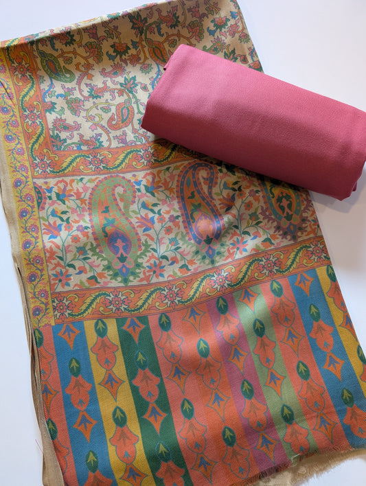 Pashmina 3 Piece Suit | Printed Pashmina Shawl with Marina Plain Suit Perfect Winter Suit