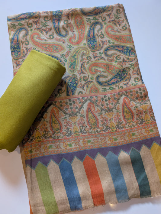 Pashmina 3 Piece Suit | Printed Pashmina Shawl with Marina Plain Suit Perfect Winter Suit