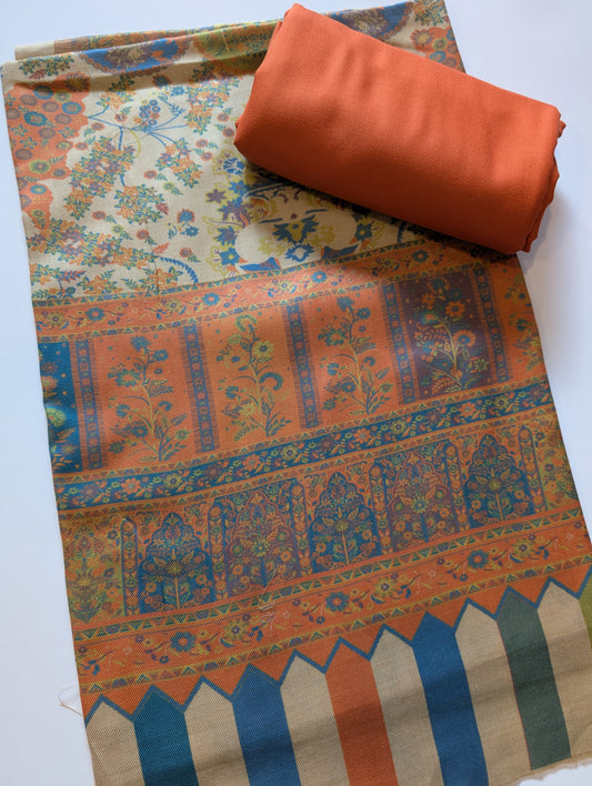 Pashmina 3 Piece Suit | Printed Pashmina Shawl with Marina Plain Suit Perfect Winter Suit