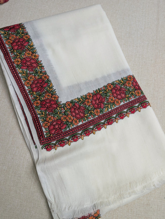 Gulab Border Embroidered Pure Pashmina Shawl Best Selling Shawl Perfect Gift | Off White