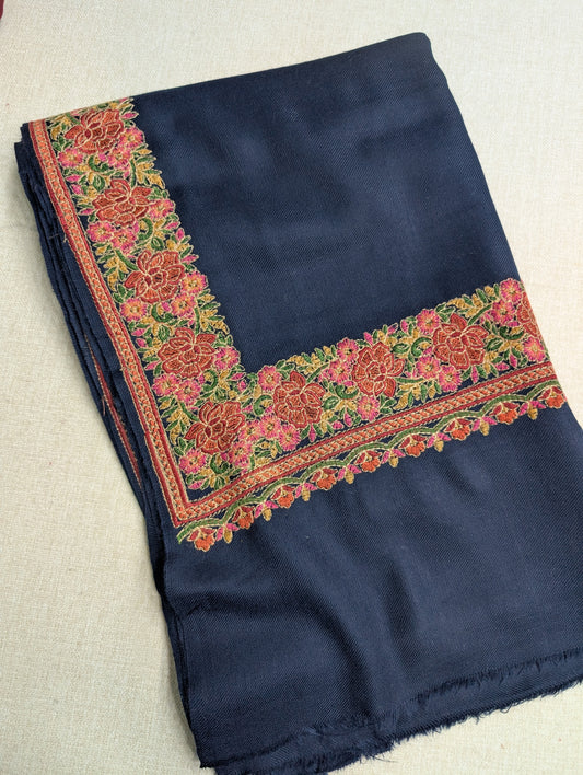 Gulab Border Embroidered Pure Pashmina Shawl Best Selling Shawl Perfect Gift | Navy Blue