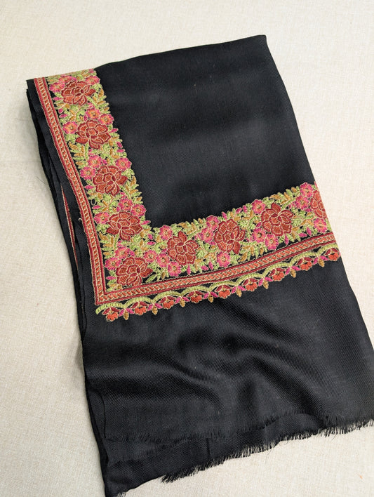 Gulab Border Embroidered Pure Pashmina Shawl Best Selling Shawl Perfect Gift | Black