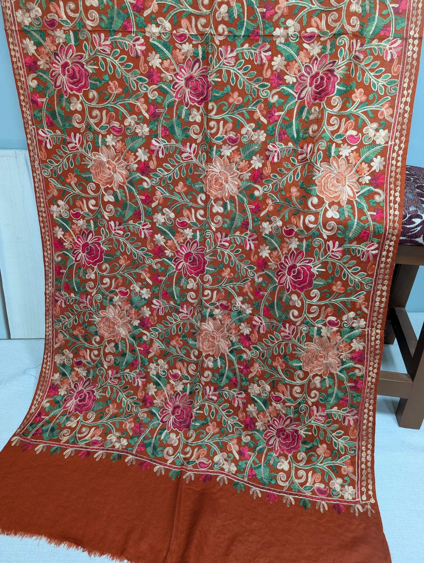 Pashmina Stole Full Embroidery Kashmiri Work in Sale Price perfect Gift | Rust