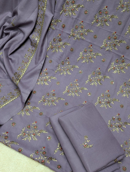 Marina 3 Piece Embroidered Suit Skin Embroidery Marina Shawl | Light Purple