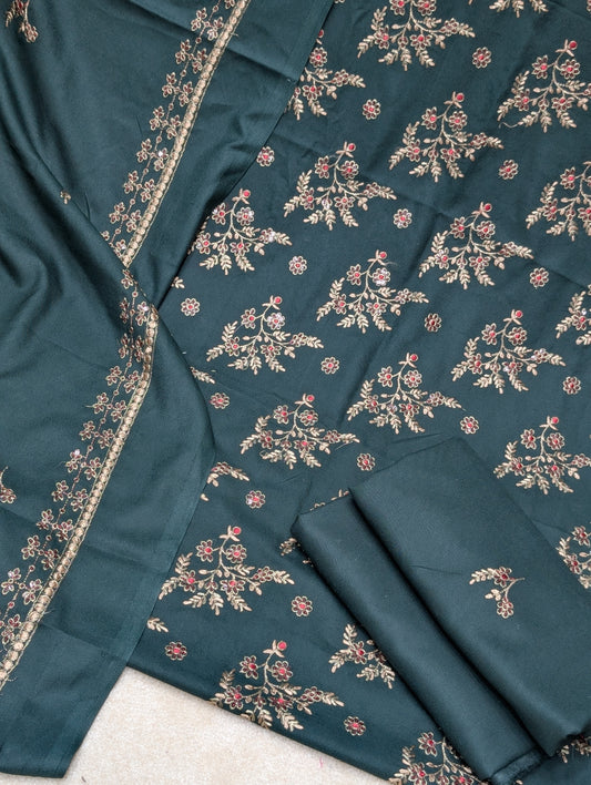 Marina 3 Piece Embroidered Suit Skin Embroidery Marina Shawl | Dark Green