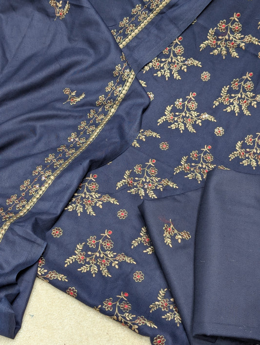 Marina 3 Piece Embroidered Suit Skin Embroidery Marina Shawl | Blue