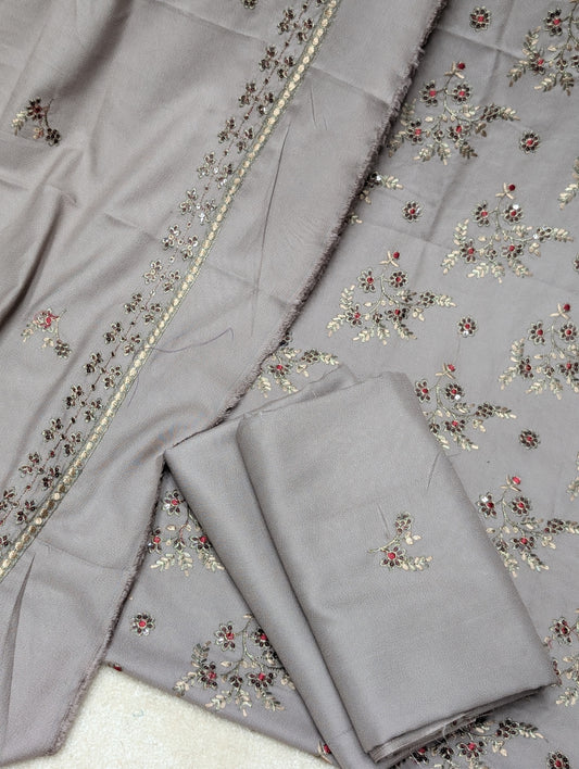 Marina 3 Piece Embroidered Suit Skin Embroidery Marina Shawl | Skin Grey