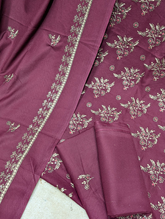 Marina 3 Piece Embroidered Suit Skin Embroidery Marina Shawl | Maroon