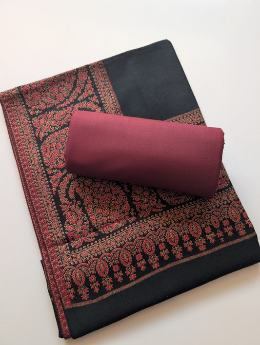 Pashmina 3 Piece Suit | Black Kani Border Pashmina Shawl With Maroon Marina Suit