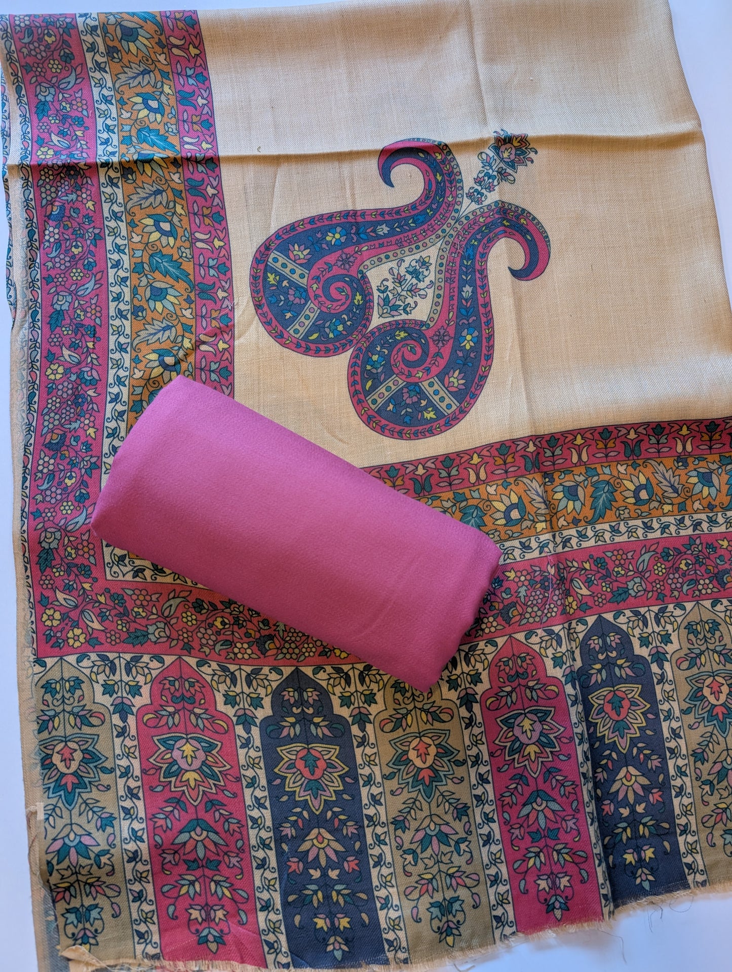 Pashmina 3 Piece Suit | Printed Pashmina Shawl with Marina Plain Suit Perfect Winter Suit