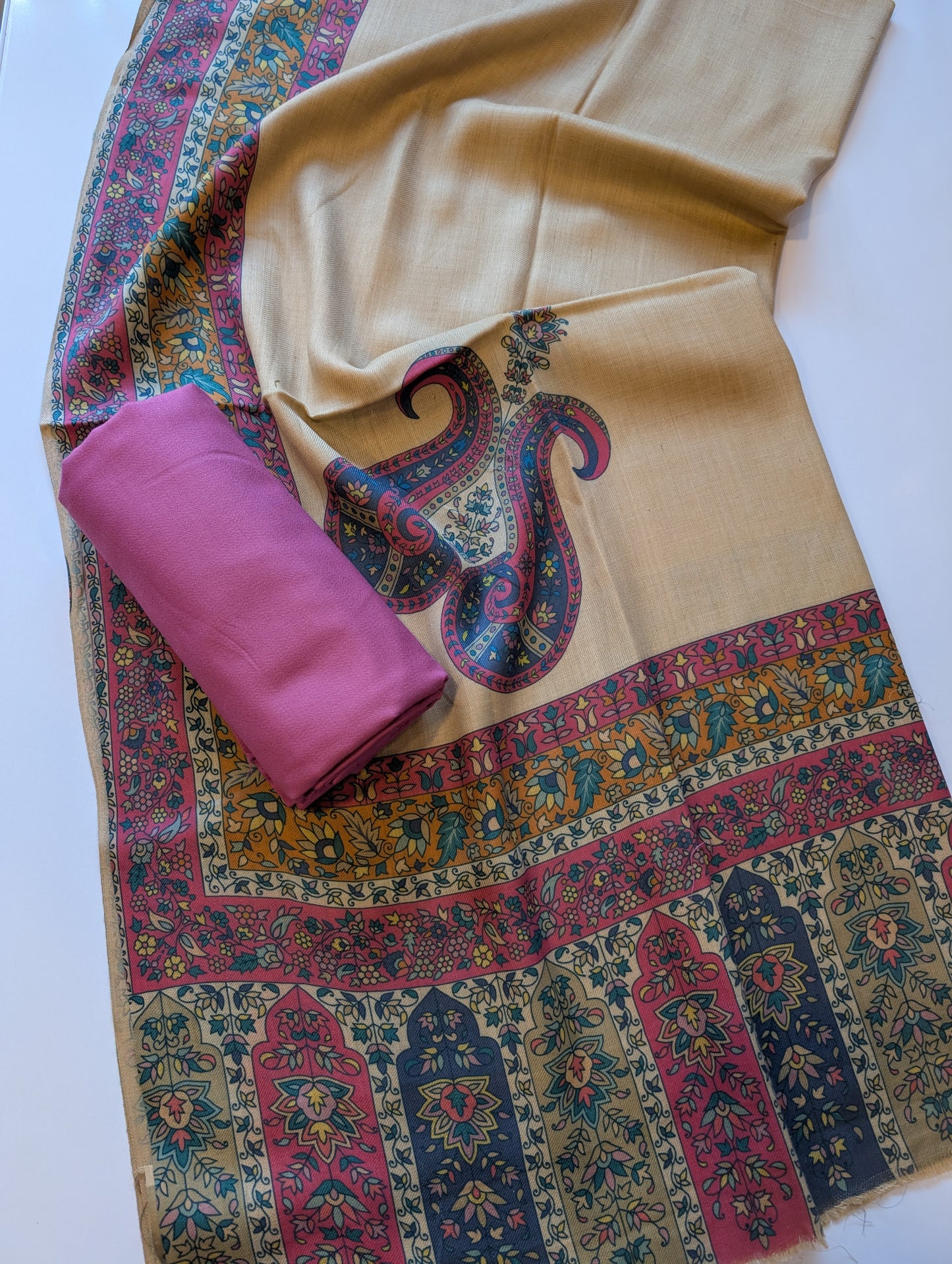 Pashmina 3 Piece Suit | Printed Pashmina Shawl with Marina Plain Suit Perfect Winter Suit