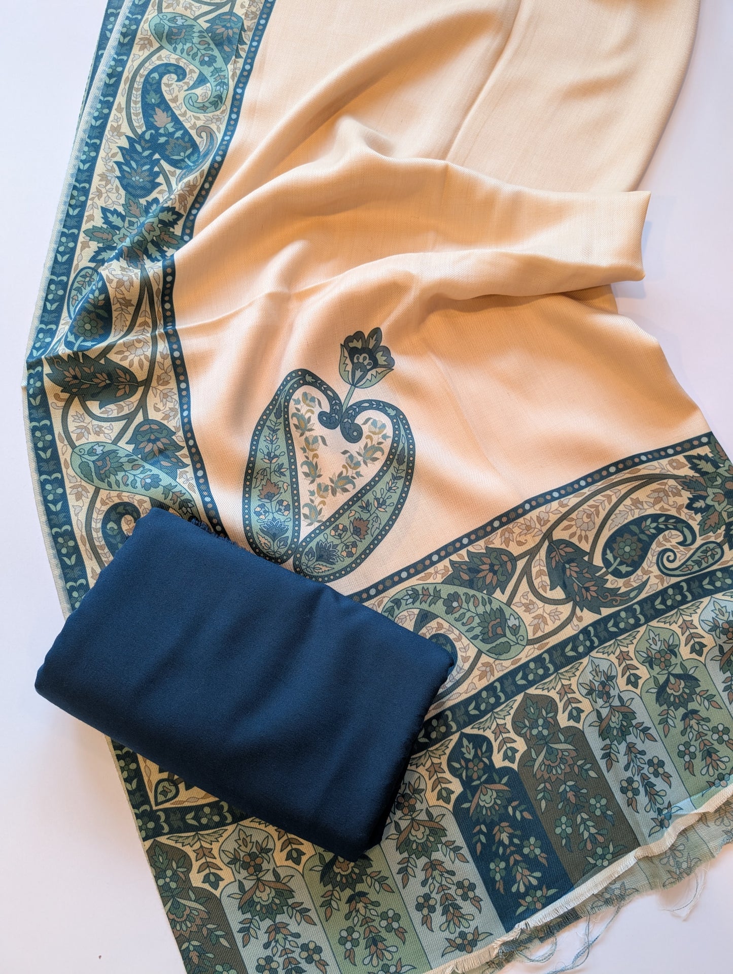 Pashmina 3 Piece Suit | Printed Pashmina Shawl with Marina Plain Suit Perfect Winter Suit