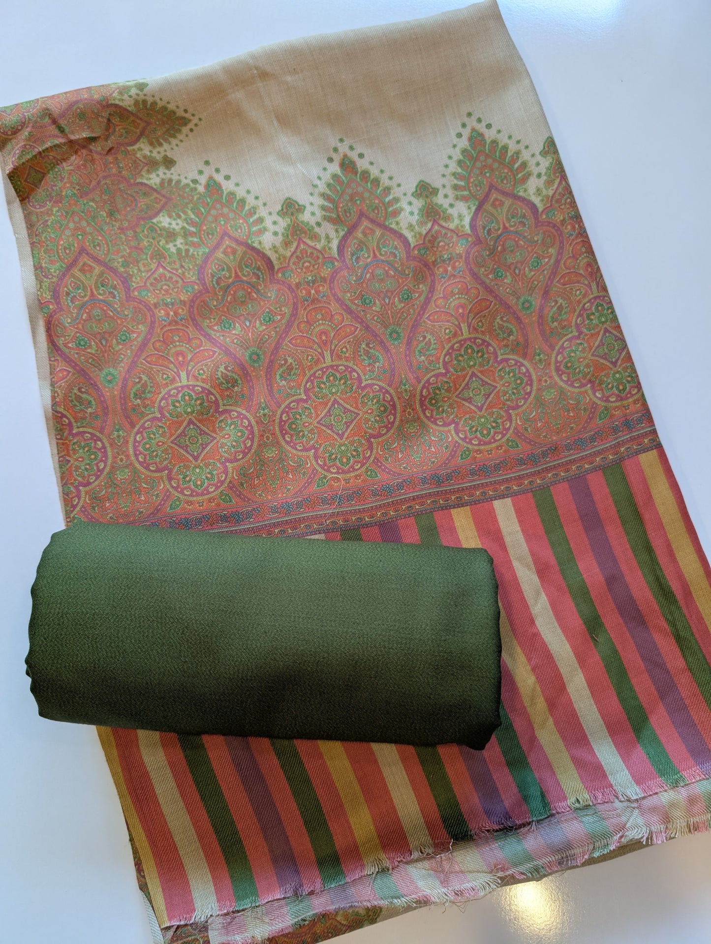 Pashmina 3 Piece Suit | Printed Pashmina Shawl with Marina Plain Suit Perfect Winter Suit