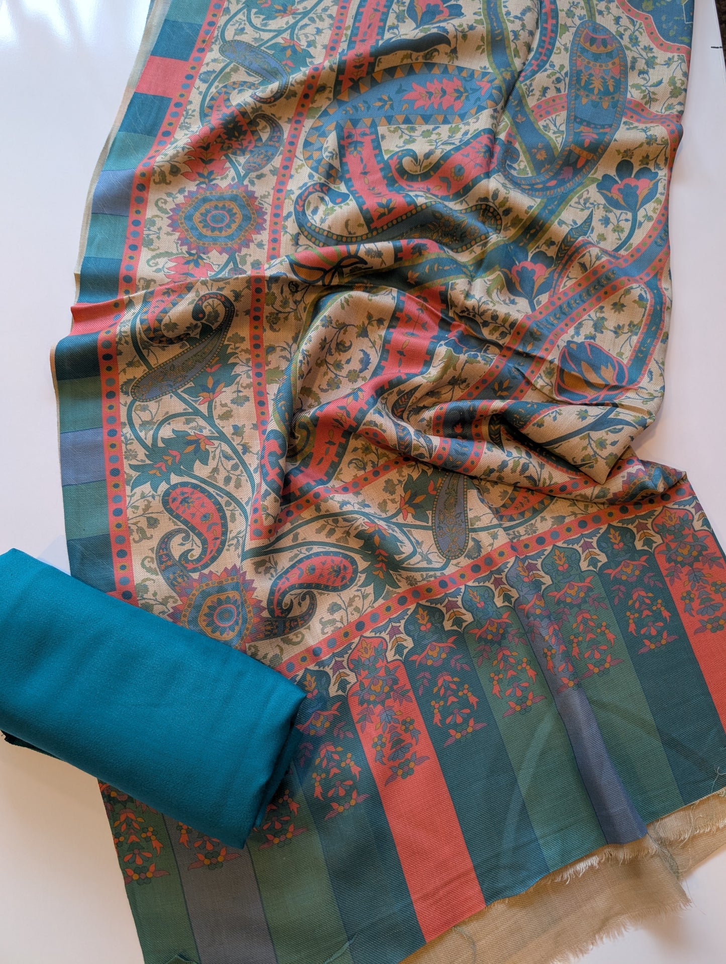 Pashmina 3 Piece Suit | Printed Pashmina Shawl with Marina Plain Suit Perfect Winter Suit