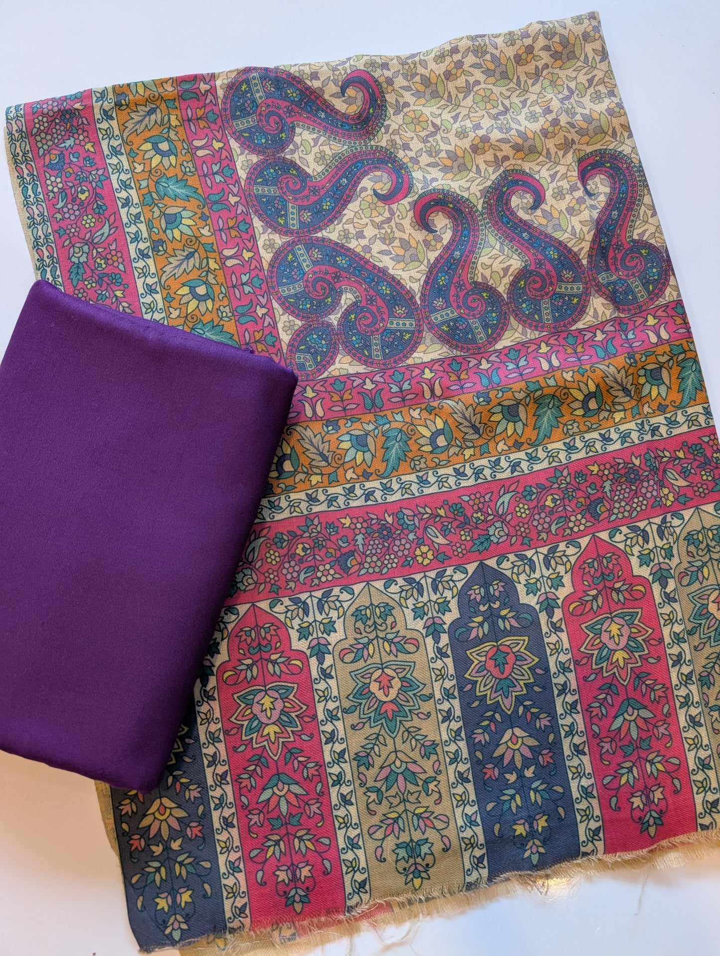 Pashmina 3 Piece Suit | Printed Pashmina Shawl with Marina Plain Suit Perfect Winter Suit