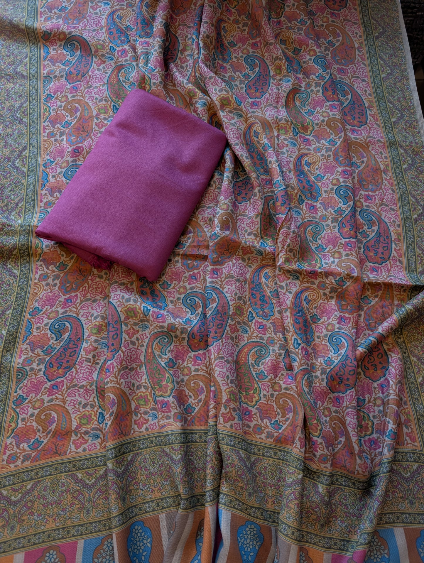 Pashmina 3 Piece Suit | Printed Pashmina Shawl with Marina Plain Suit Perfect Winter Suit