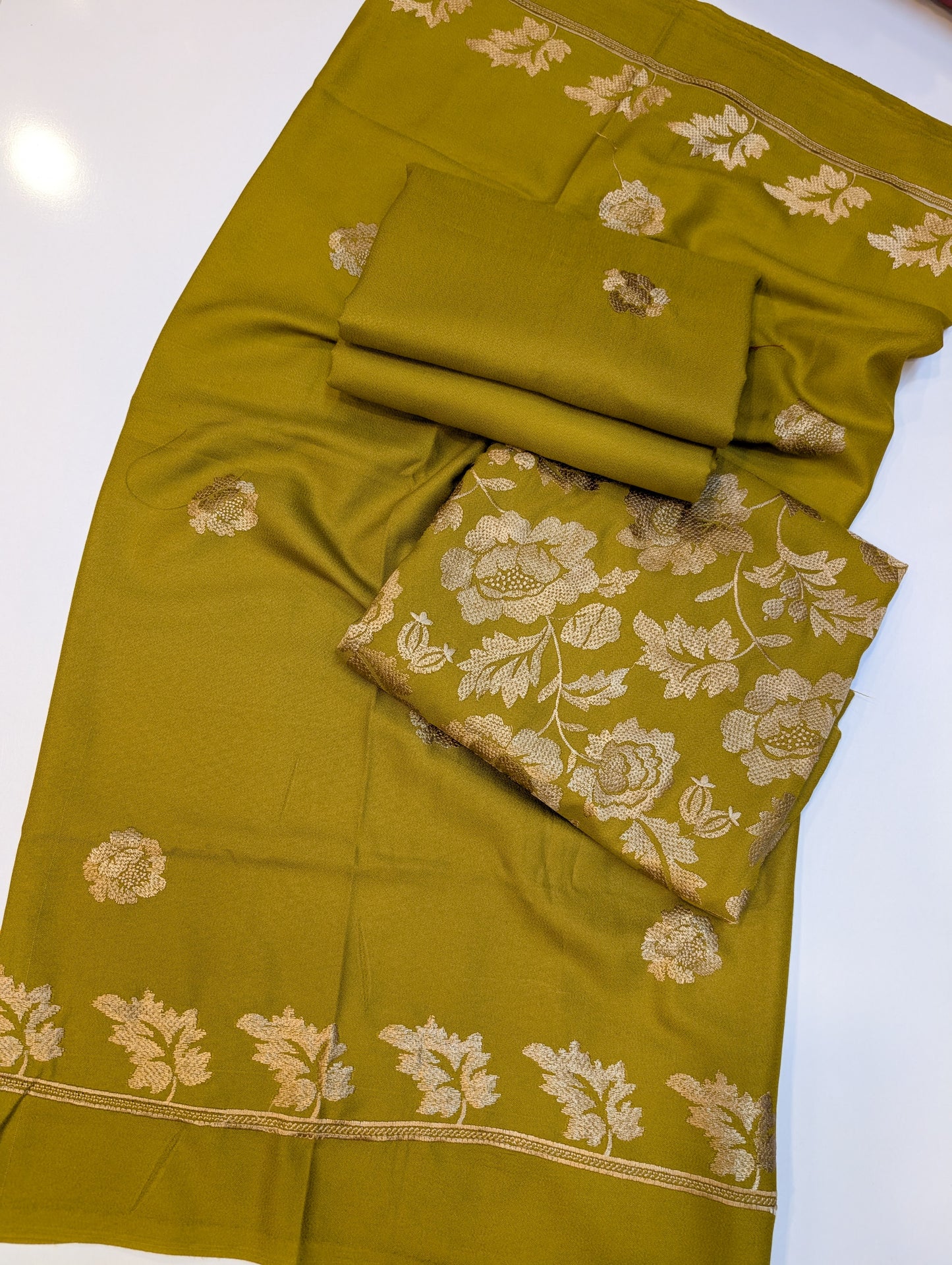 Marina 3 Piece Embroidered Suit Skin Embroidery Marina Shawl | Mehndi Green