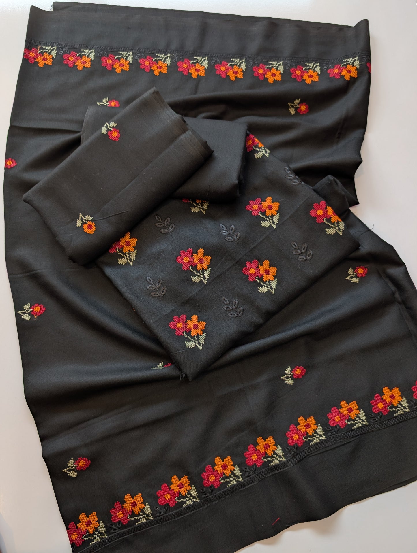 Marina 3 Piece Cross Stitched Embroidered Suit Marina Shawl | Black