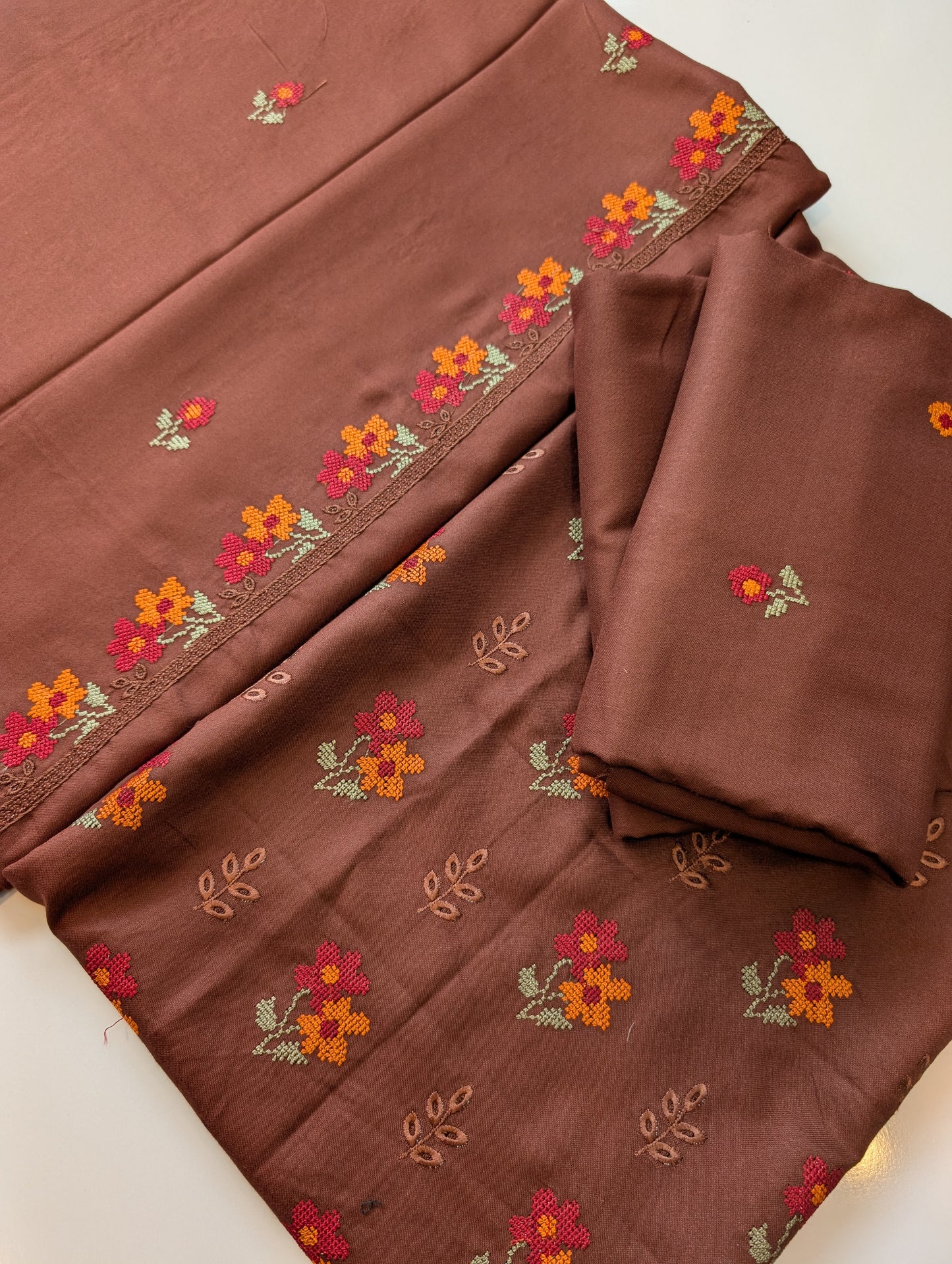 Marina 3 Piece Cross Stitched Embroidered Suit Marina Shawl | Brown