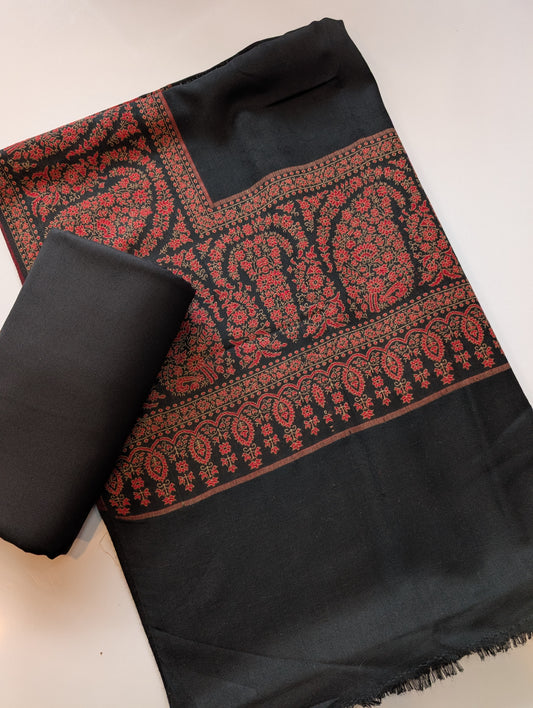 Pashmina 3 Piece Suit | Black Kani Border Pashmina Shawl With Black Marina Suit