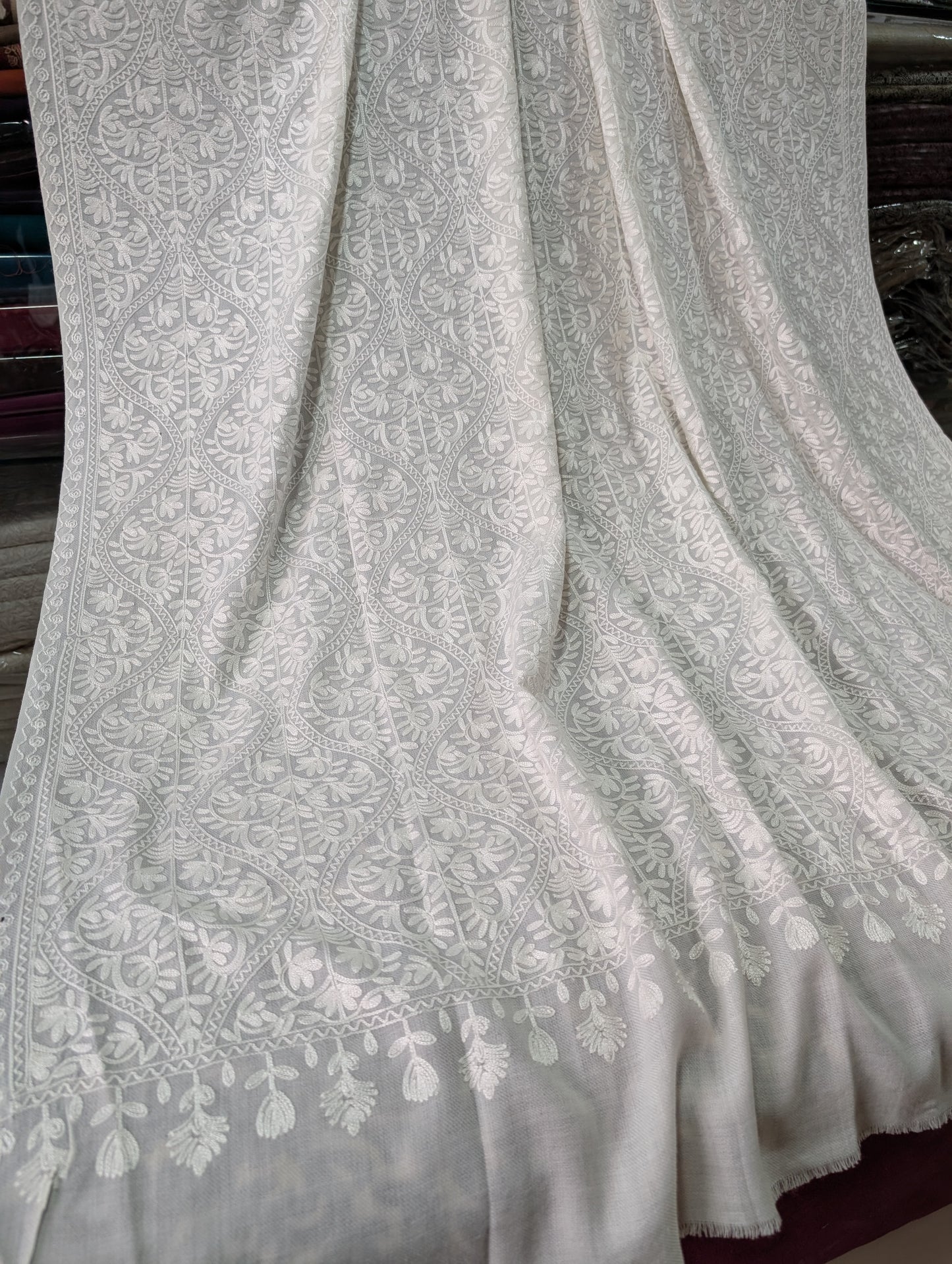 Pashmina Embroidered Shawl | Kashmiri Aar Work Embroidery Perfect Gift in Sale Price White Matka Design