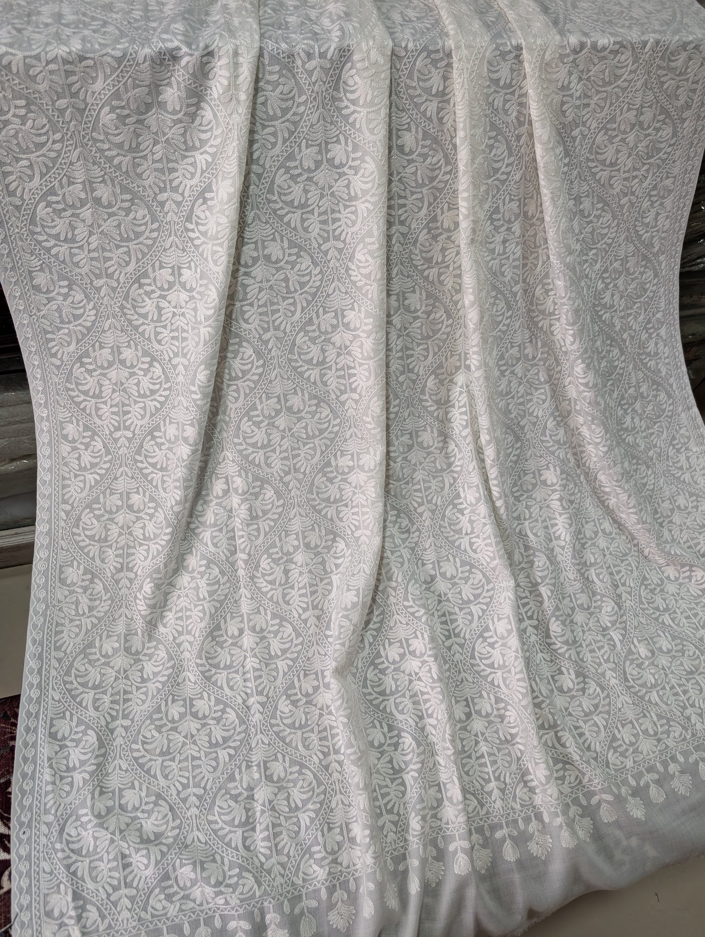 Pashmina Embroidered Shawl | Kashmiri Aar Work Embroidery Perfect Gift in Sale Price White Matka Design