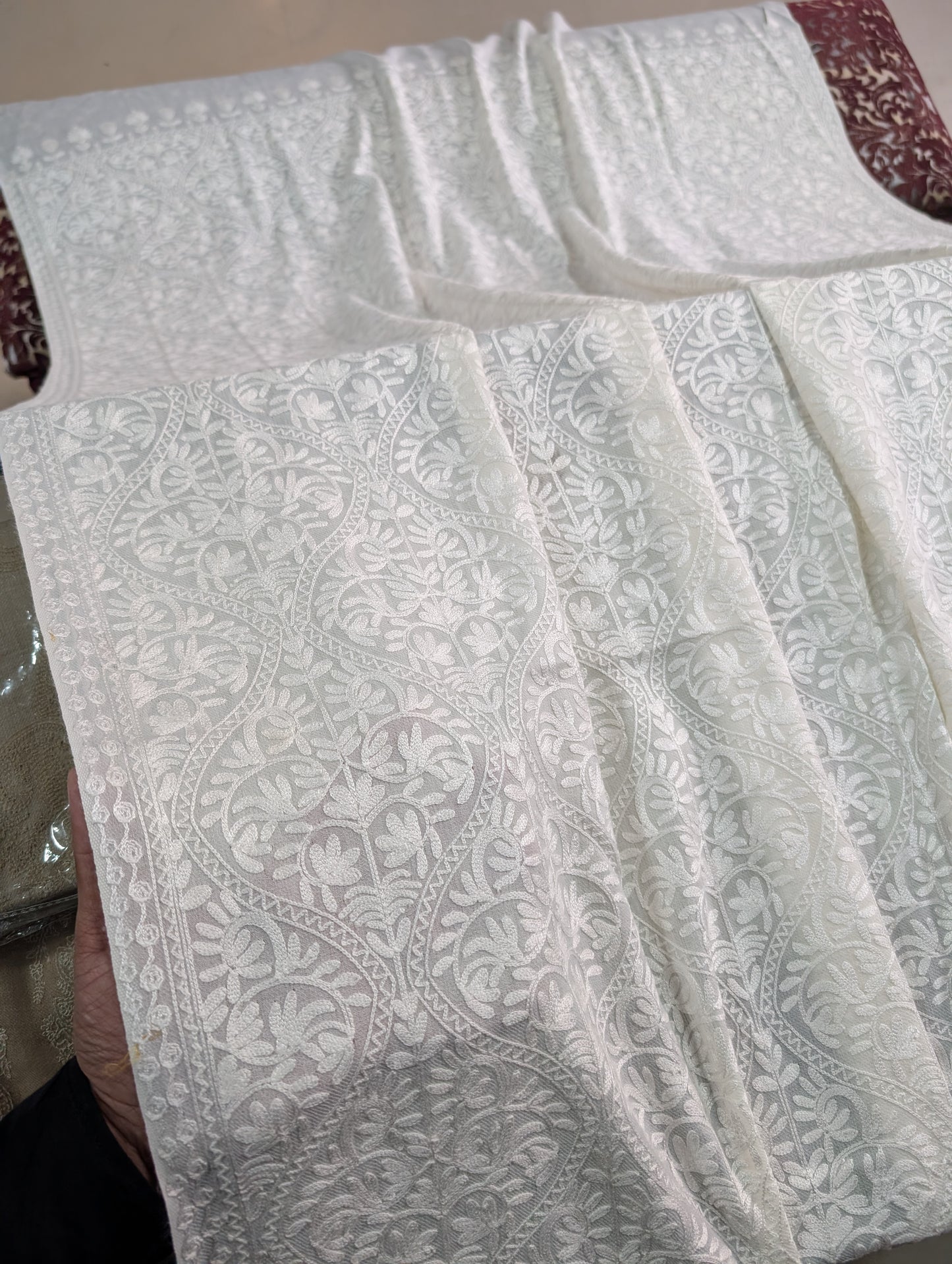 Pashmina Embroidered Shawl | Kashmiri Aar Work Embroidery Perfect Gift in Sale Price White Matka Design