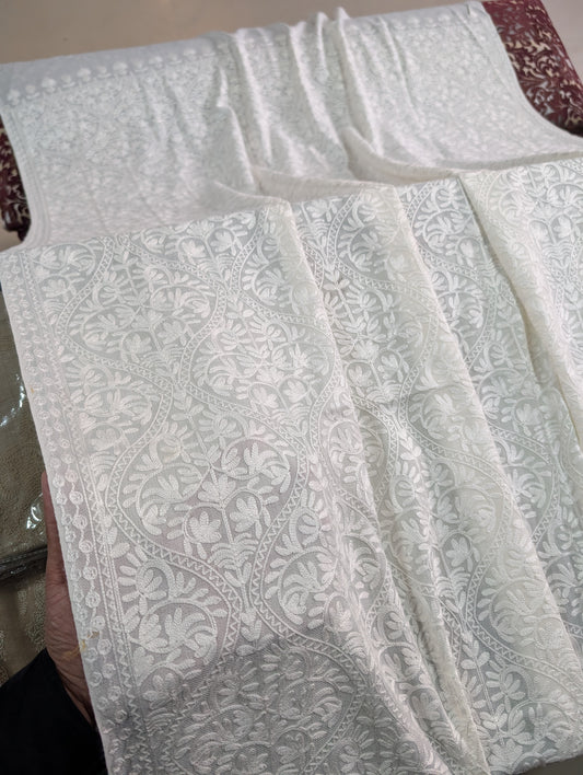 Pashmina Embroidered Shawl | Kashmiri Aar Work Embroidery Perfect Gift in Sale Price White Matka Design