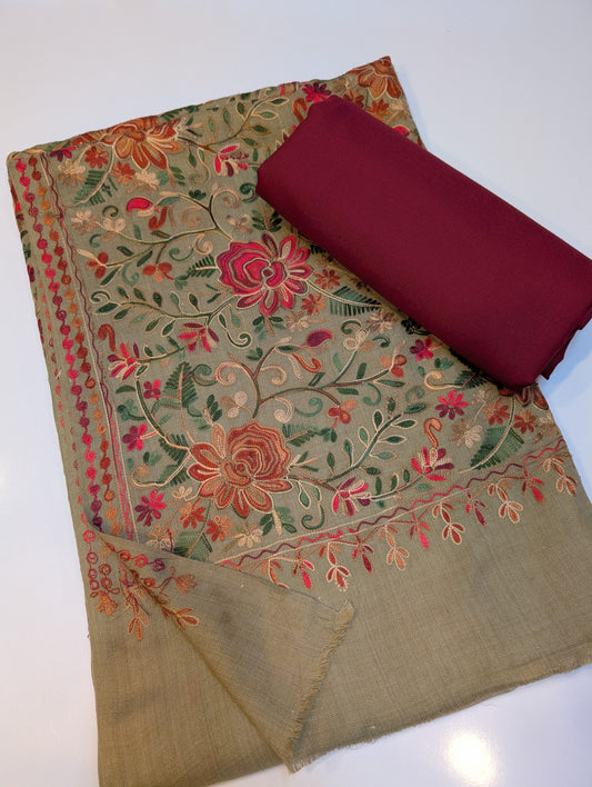 Pashmina 3 Piece Suit | Full Embroidered Gulabkar Shawl with Plain Suit Marina | Skin With Maroon