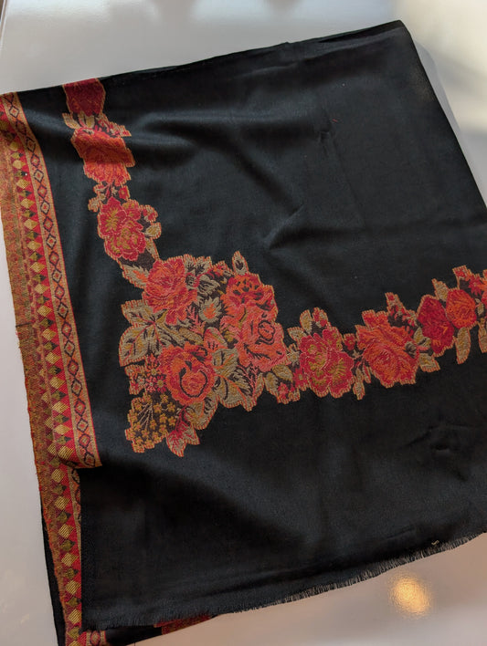 Pashmina Wool Kani Border Shawl Gulabkar Border | Black