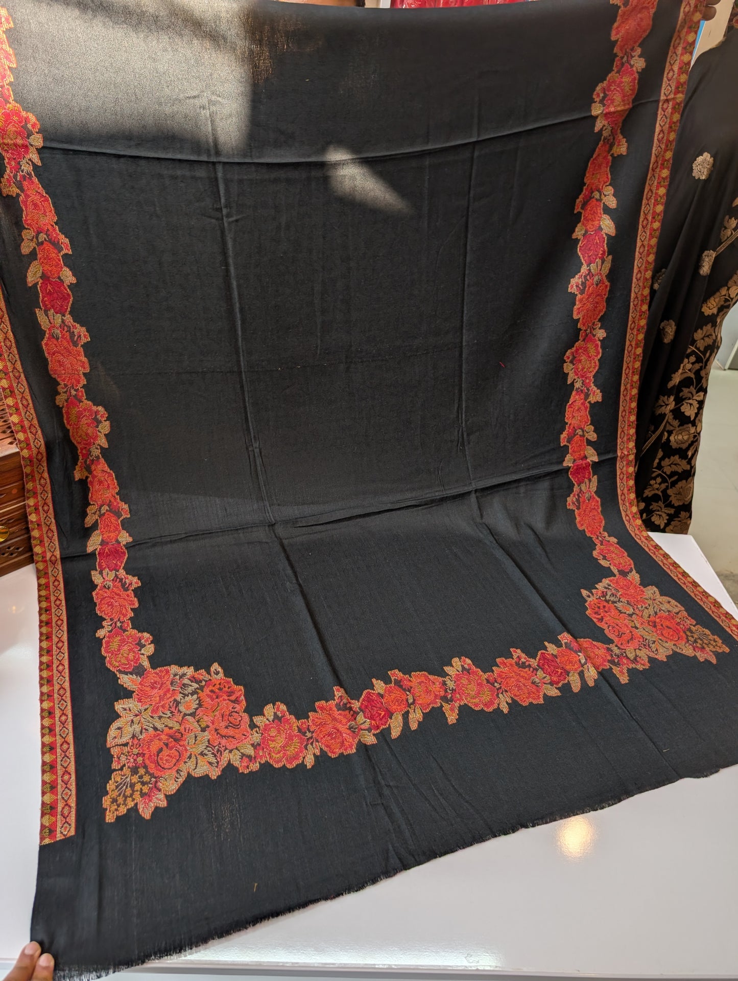 Pashmina Wool Kani Border Shawl Gulabkar Border | Black