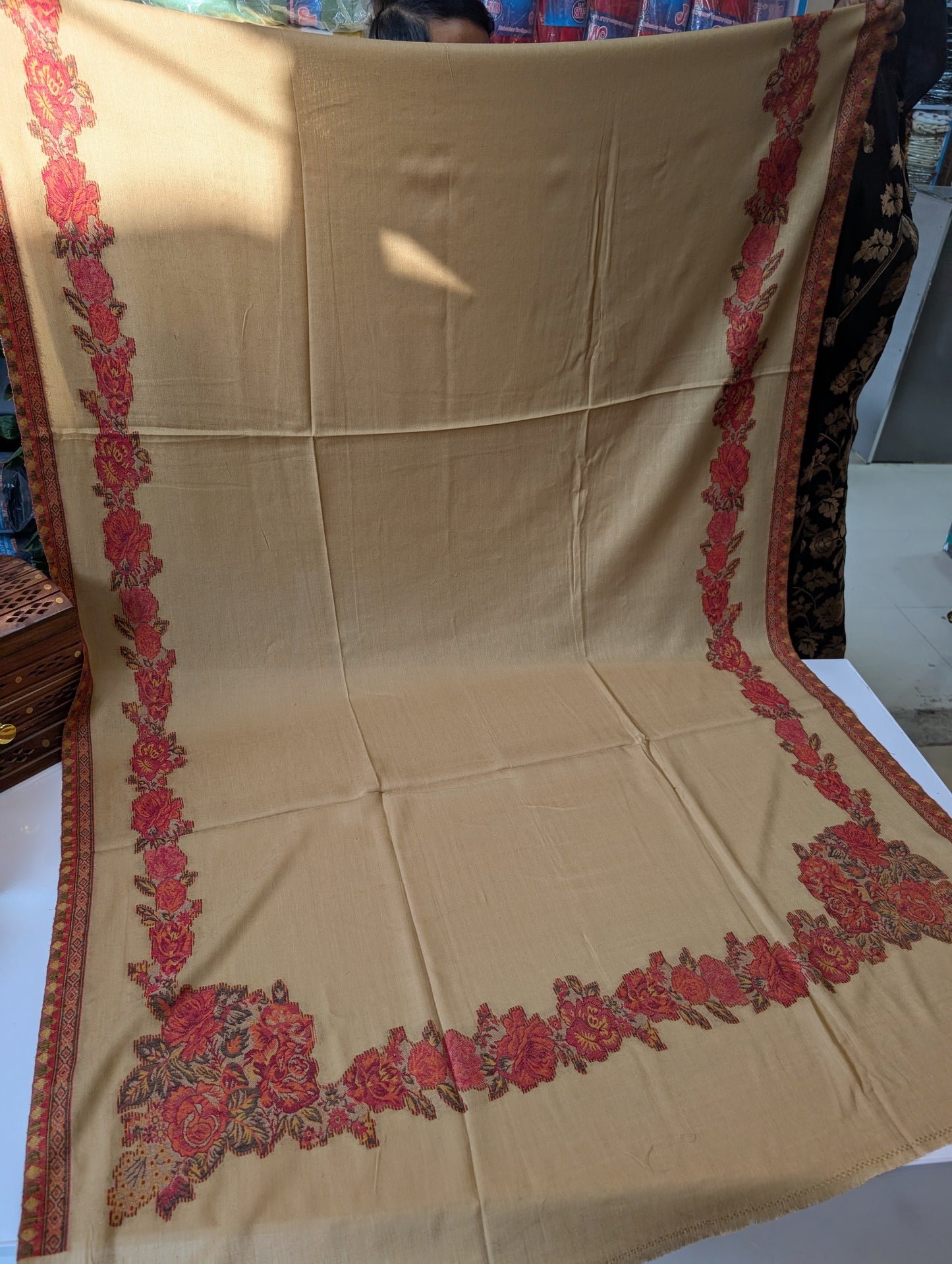 Pashmina Wool Kani Border Shawl Gulabkar Border | Skin