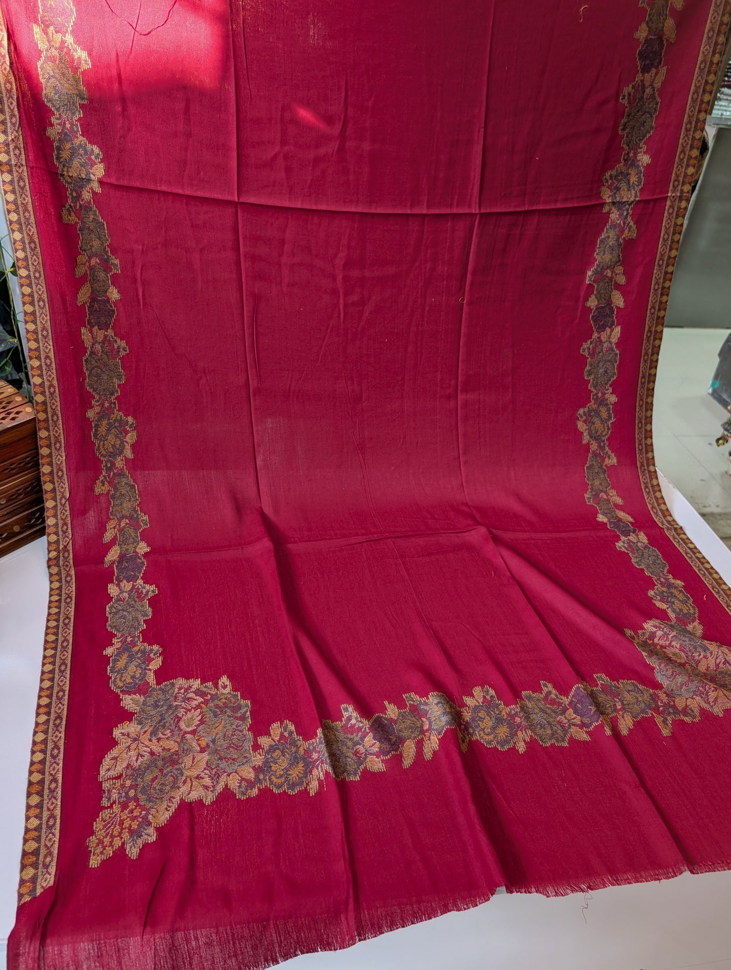 Pashmina Wool Kani Border Shawl Gulabkar Border | Maroon