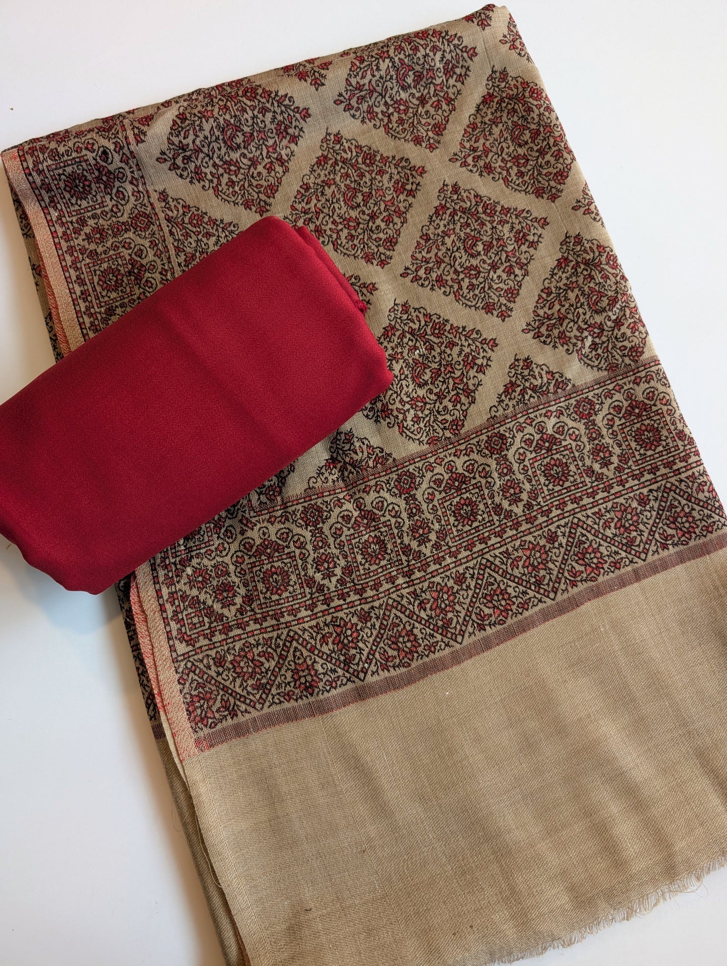 Pashmina 3 Piece Suit | Skin Kani Pashmina Shawl With Maroon Plain Marina Suit