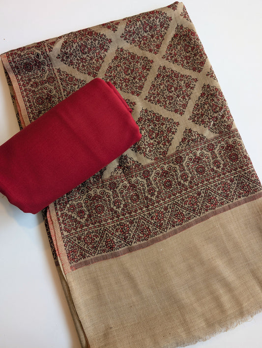 Pashmina 3 Piece Suit | Skin Kani Pashmina Shawl With Maroon Plain Marina Suit
