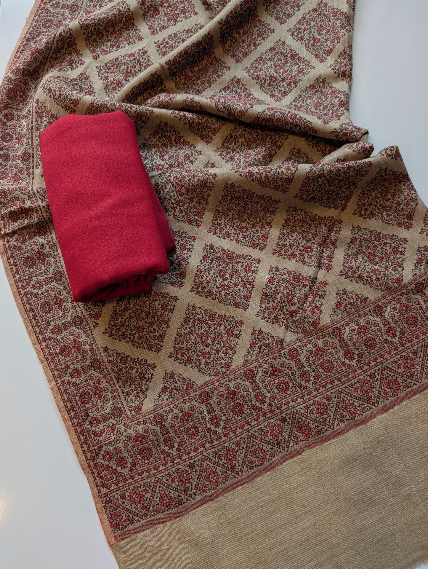 Pashmina 3 Piece Suit | Skin Kani Pashmina Shawl With Maroon Plain Marina Suit